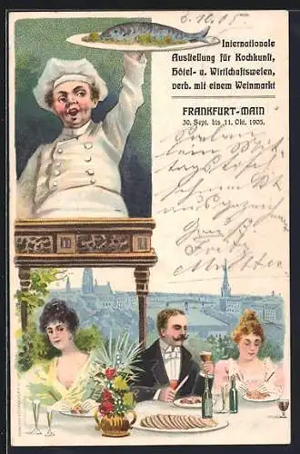 AK Frankfurt /Main, Internat. Ausstellung für Kochkunst, Hotel- & Wirtschaftswesen 1905, Koch serviert Fisch