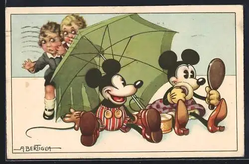 Künstler-AK A. Bertiglia: Mickey und Minnie sitzen unter einem Schirm