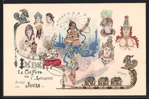 Künstler-AK sign. Dufresne: La Coiffure de l`Antiquité a nos Jours, Inde, Jugendstil