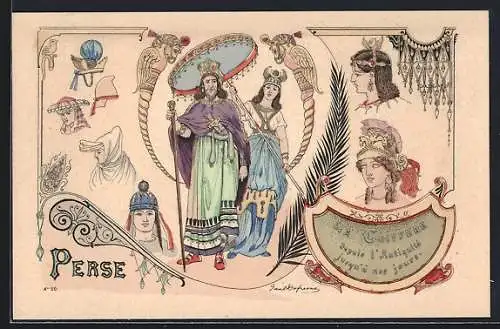 Künstler-AK sign. Dufresne: La Coiffure de l`Antiquité a nos Jours, Perse, Jugendstil