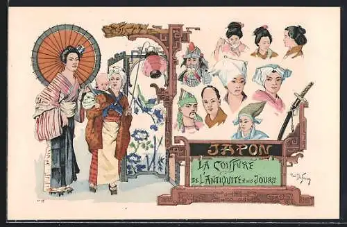 Künstler-AK sign. Dutresne: Japon, La Coiffure de l`Antiquite a nos Jours, Jugendstil