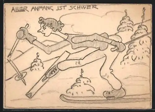 Künstler-AK Handgemalt sign. Franz Dworschak: Skianfängerin zerbricht ihren Stock