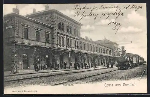 AK Semlin, Bahnhof mit einfahrendem Zug