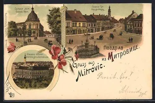 Lithographie Mitrovica, Srpski Dom, Hauptplatz und Vermögens-Gemeinde