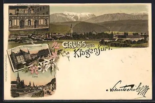 Lithographie Klagenfurt, Portale der Domkirche, Lend, Neuer Platz und Rathaus, Ortsansicht mit Bergpanorama