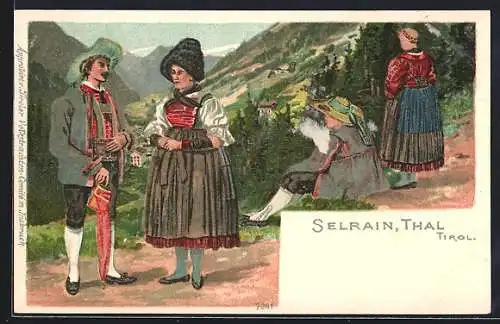 Lithographie Sellrain /Tirol, Paare in Trachten