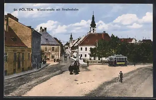 AK St. Pölten, Wienerstrasse mit Strassenbahn und Mann mit Fahrrad