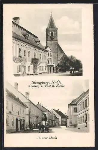 AK Strengberg, Gasthaus zur Post & Kirche, Unterer Markt