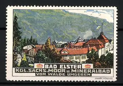 Reklamemarke Bad Elster, Kgl. Sächs. Moor u. Mineralbad, Gebäudeansicht von Wald umgeben