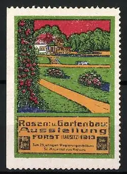 Reklamemarke Forst / Lausitz, Rosen- und Gartenbau-Ausstellung 1913, Gartenlandschaft