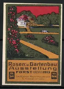 Reklamemarke Forst / Lausitz, Rosen- u. Gartenbau-Ausstellung 1913, Gartenlandschaft