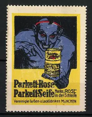 Reklamemarke München, Parkett Rose Parkettseife, Teufel mit Dose