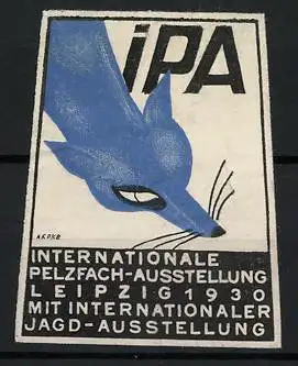 Künstler-Reklamemarke Arpke, Leipzig, Internationale Pelzfach-Ausstellung 1930, blauer Fuchs