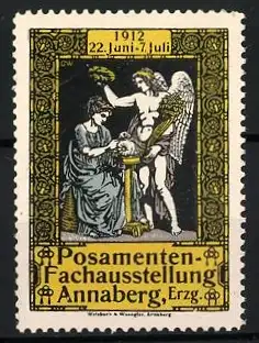 Reklamemarke Annaberg, Posamenten-Fachausstellung 1912, Engel und Frau