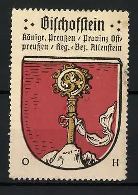 Reklamemarke Bischofstein, Königl. Preussen Provinz Ostpreussen, Bischofsstab im Wappen