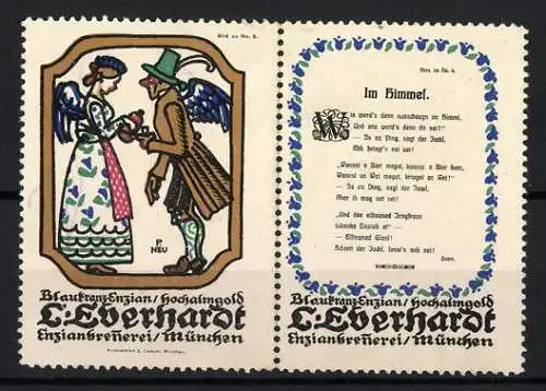 Künstler-Reklamemarken Paul Neu, München, L. Eberhardt Enzianbrennerei, Vers, Paar im Himmel