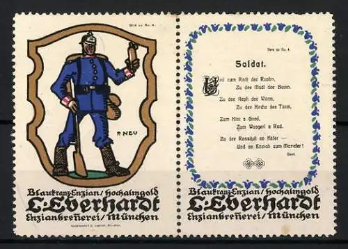 Künstler-Reklamemarken Paul Neu, München, L. Eberhardt Enzianbrennerei, Vers, Soldat mit Gewehr