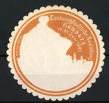 Reklamemarke Hamburg, Landwirthschaftliche Ausstellung 1897, Silhouette einer Stadt