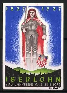Reklamemarke Iserlohn, 700 Jahrfeier 1937, Ritter mit Schwert