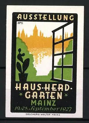 Reklamemarke Mainz, Ausstellung Haus-Herd-Garten, Fensterblick auf Stadtansicht, 1927