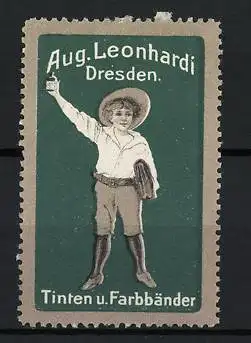 Reklamemarke Dresden, Aug. Leonhardi, Junge mit Tinte und Farbbändern