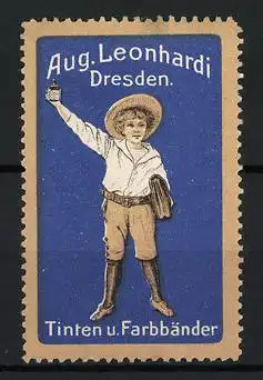 Reklamemarke Dresden, Aug. Leonhardi, Junge mit Tintenflasche