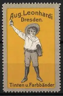 Reklamemarke Dresden, Aug. Leonhardi, Junge mit Tinte