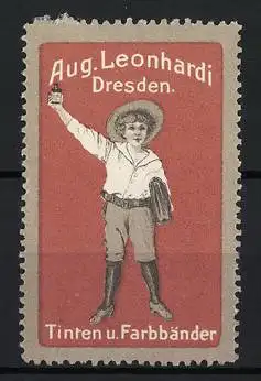 Reklamemarke Dresden, Aug. Leonhardi, Junge mit Flasche Tinte