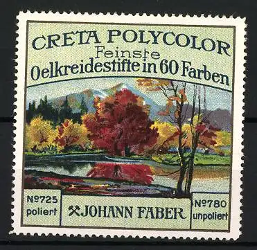 Reklamemarke Creta Polycolor, Ölkreidestifte, Johann Faber, Landschaftsabbildung