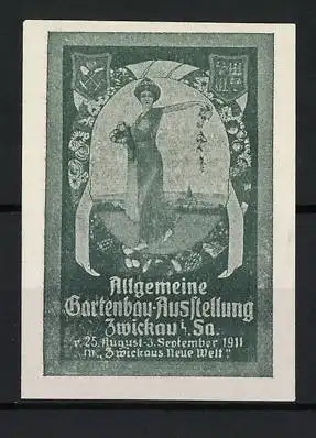 Reklamemarke Zwickau, Allgemeine Gartenbau-Ausstellung, Frau mit Blumenstrauss (1911)