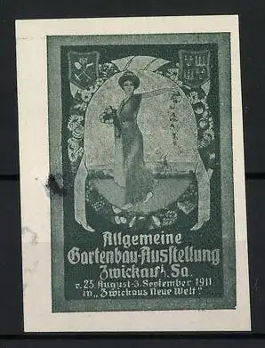 Reklamemarke Zwickau, Allgemeine Gartenbau-Ausstellung 1911, Frau mit Blumen