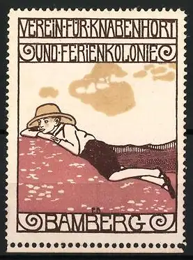 Reklamemarke Bamberg, Verein für Knabenhort und Ferienkolonie, Junge auf Hügel