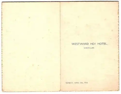 Menükarte Essex 1914, Westward Ho! Hotel, Innenseite mit Menüfolge