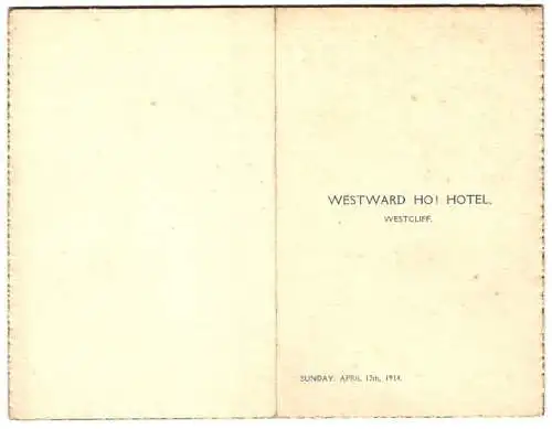 Menükarte Essex 1914, Westward Ho! Hotel Westcliff, Innenseite mit Menüfolge