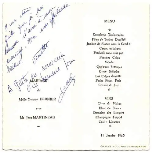 Menükarte Paris 1960, Chalet Edouard, Mariage de Yvonne Bernier avec Jean Martineau, Menu