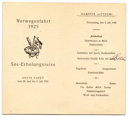 Menükarte Norwegefahrt 1925, Dampfer Lützwo erste Fahrt, Frühstücksmenü, See-Erholungsreise