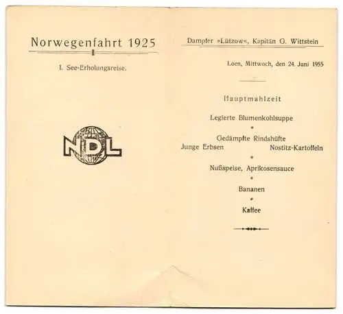 Menükarte Norwegenfahrt 1925, Dampfer Lützow, Menü der Hauptmahlzeit