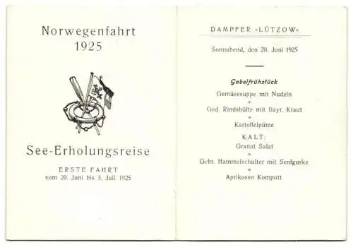 Menükarte Norwegenfahrt 1925, Dampfer Lützow erste Fahrt 1925, Menü Gabelfrühstück, See-Erholungsreise