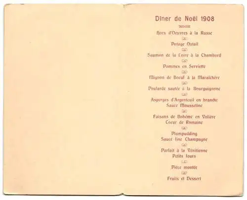 Menükarte Grindelwald 1908, Grand Hotel Eiger, Diner de Noel 1908