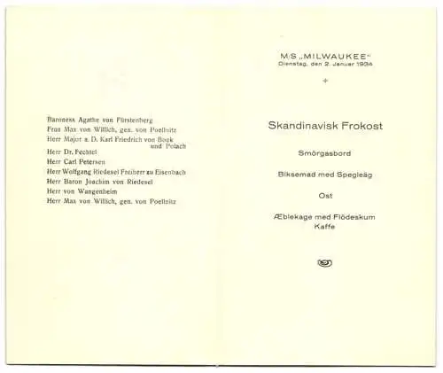 Menükarte M.S. Milwaukee 1934, Skandinavisk Frokost, Menükarte für Baroness Agathe v. Fürstenberg, Max v. Willich