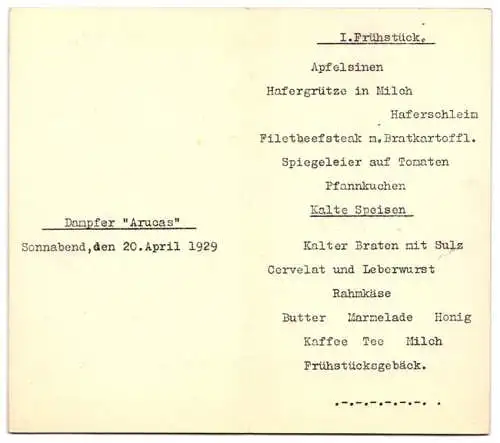 Menükarte 1929, Dampfer Arucas, Menü I. Frühstück, Norddeutscher Lloyd Bremen