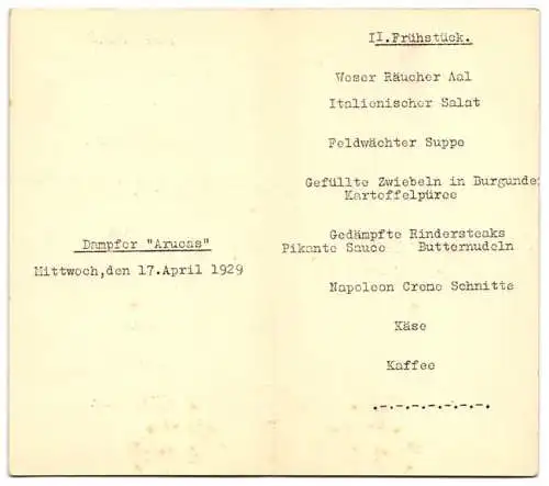 Menükarte 1929, Dampfer Arucas, Menü II. Frühstück, Norddeutscher Lloyd Bremen