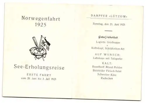 Menükarte Norwegenfahrt 1925, Dampfer Lützow erste Fahrt, Menü Gabelfrühstück