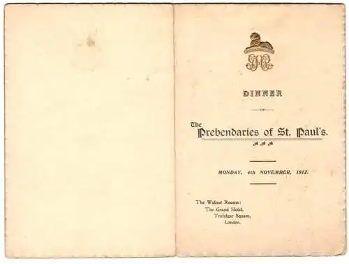 Menükarte 1912, The Prebendaries of St. Paul`s, Dinner, Walnut Room Grand Hotel Trafalgar Square London