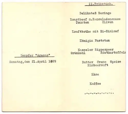 Menükarte 1929, Dampfer Arucas, II. Frühstück, Norddeutscher Lloyd Bremen