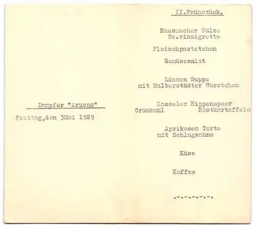 Menükarte 1929, Dampfer Arucas, II. Frühstück, Norddeutscher Lloyd Bremen