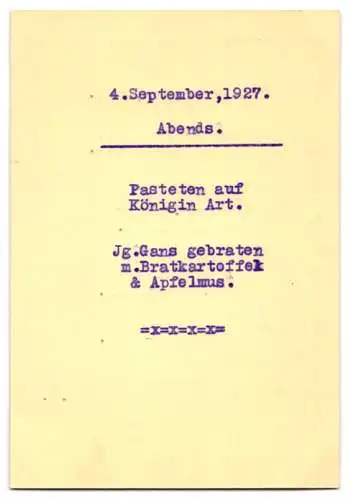 Menükarte 1927, Kurhaus Bad Bertrich, Menüfolge