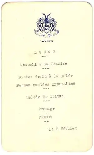 Menükarte Hotel du Parc Cannes, Menükarte für Lunch, geprägtes Wappen