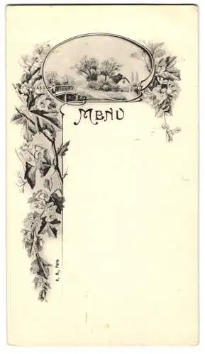 Menükarte Blanko, Lithografie Dorfidylle, Blumenverzierung