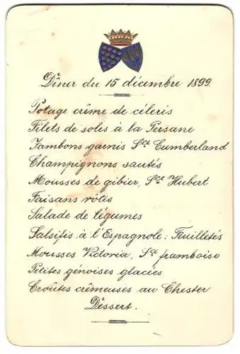 Menükarte 1899, Diner du 15 Decembre 1899, Wappen, Goldrand